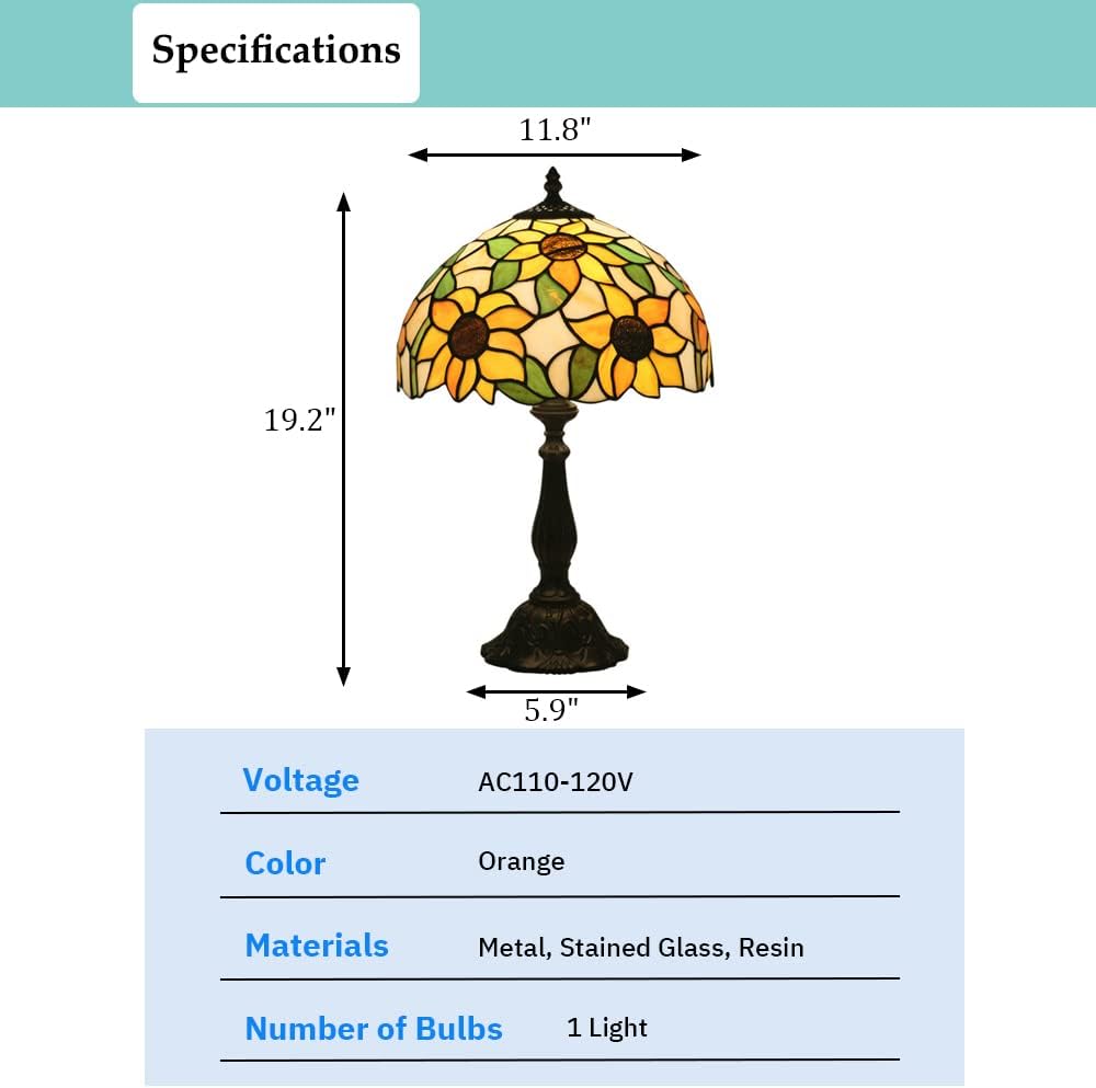 Sunflower Tiffany Style Table Lamp, Elegant Bedside Table Lamp with Stained Glass Shade, Reading Desk Light for Living Room Bedroom Yellow Finish