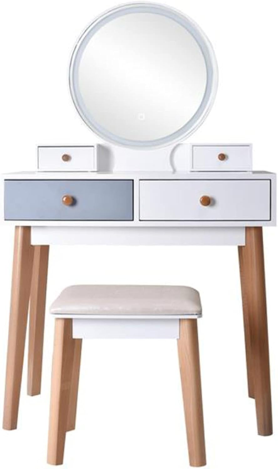 Dresser Vanity Table with Mirror Bedroom Wood Dressing Table Simple Makeup Table with Lamp Three Color Adjustable Dressing Table (Color : White)