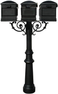 The Hanford Cast Aluminum Triple Mailbox Post System with Fluted Base, 3 Lewiston Mailboxes, Mounting Brackets and Scroll Supports, Ships in 2 boxes