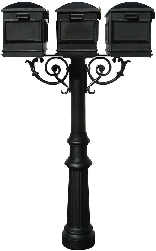 The Hanford Cast Aluminum Triple Mailbox Post System with Fluted Base, 3 Lewiston Mailboxes, Mounting Brackets and Scroll Supports, Ships in 2 boxes