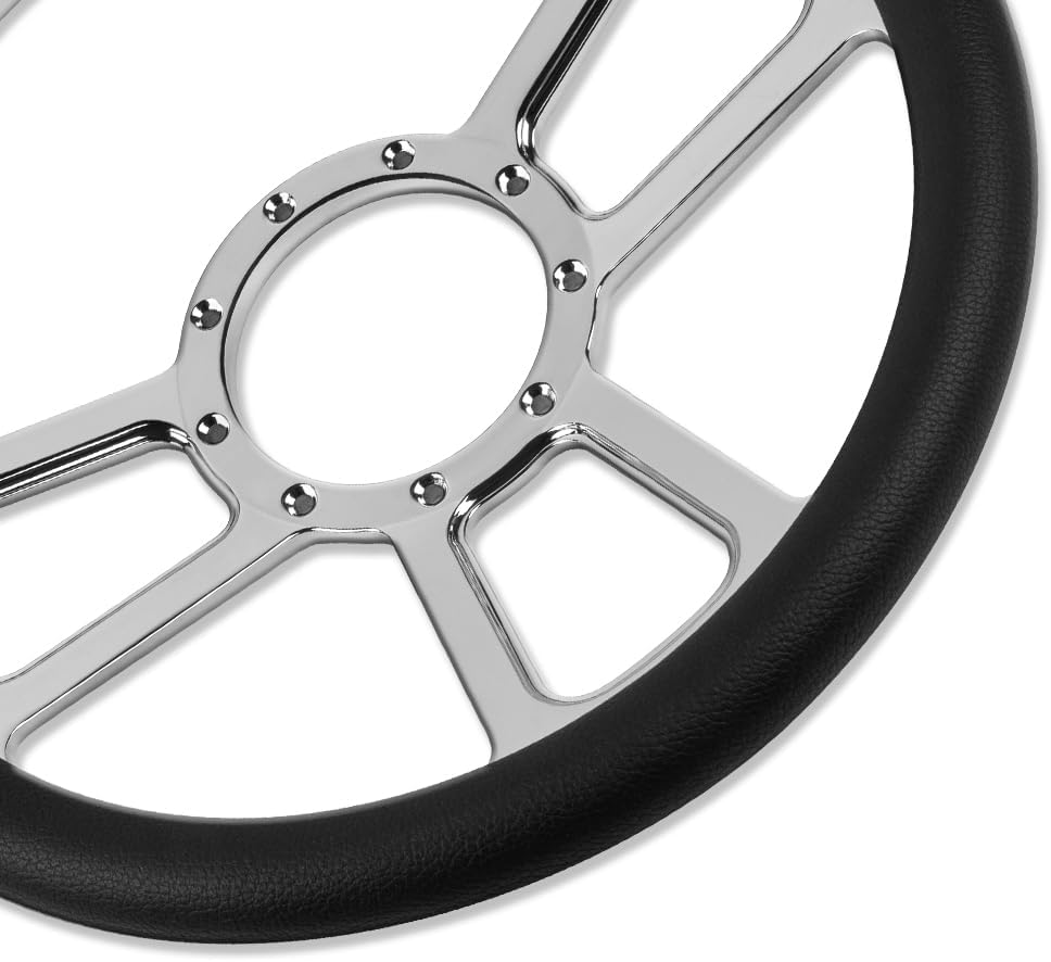 Chrome 14' Billet Aluminum 9 Holes Steering Wheel Split Tri Spoke Style with Black Leather Half Wrap & Smooth Horn Button