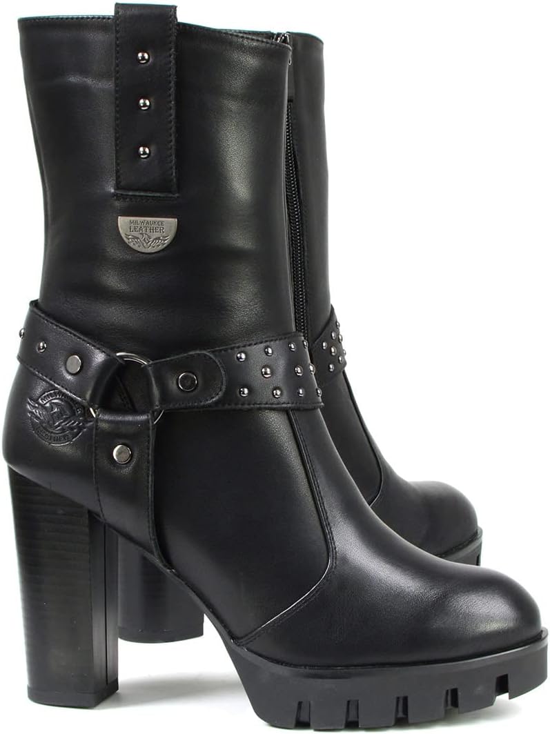 Milwaukee Leather MBL9303 Women's Classic Black Leather Casual Fashion Boots with Block Heel - 6
