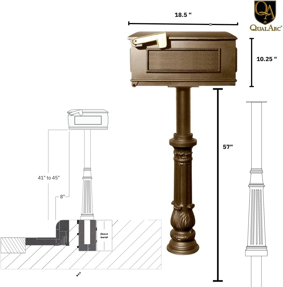 HPST1-700-LM-BRZ The Hanford Rust Free Cast Aluminum Lewiston Mailbox and Post with Ornate Base, Ships in 2 Boxes, Bronze