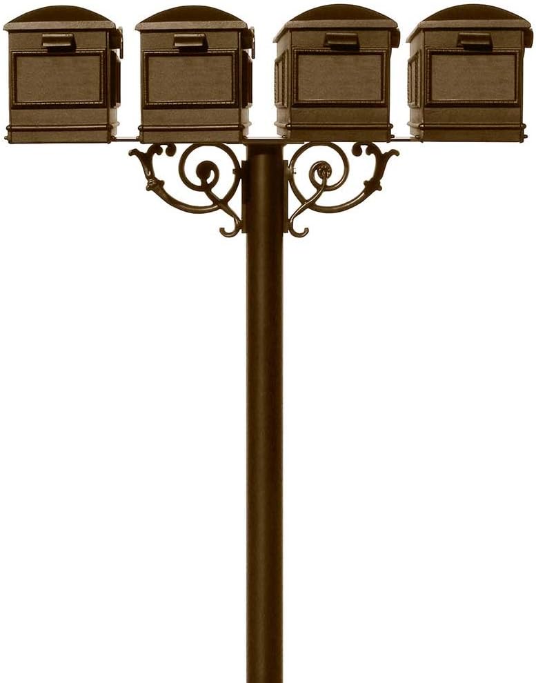 HPWS4-000-LM-BRZ The Hanford Rust Free Cast Aluminum Quad Mailbox Post System, 4 Lewiston Mailboxes, Ships in 3 Boxes, Bronze