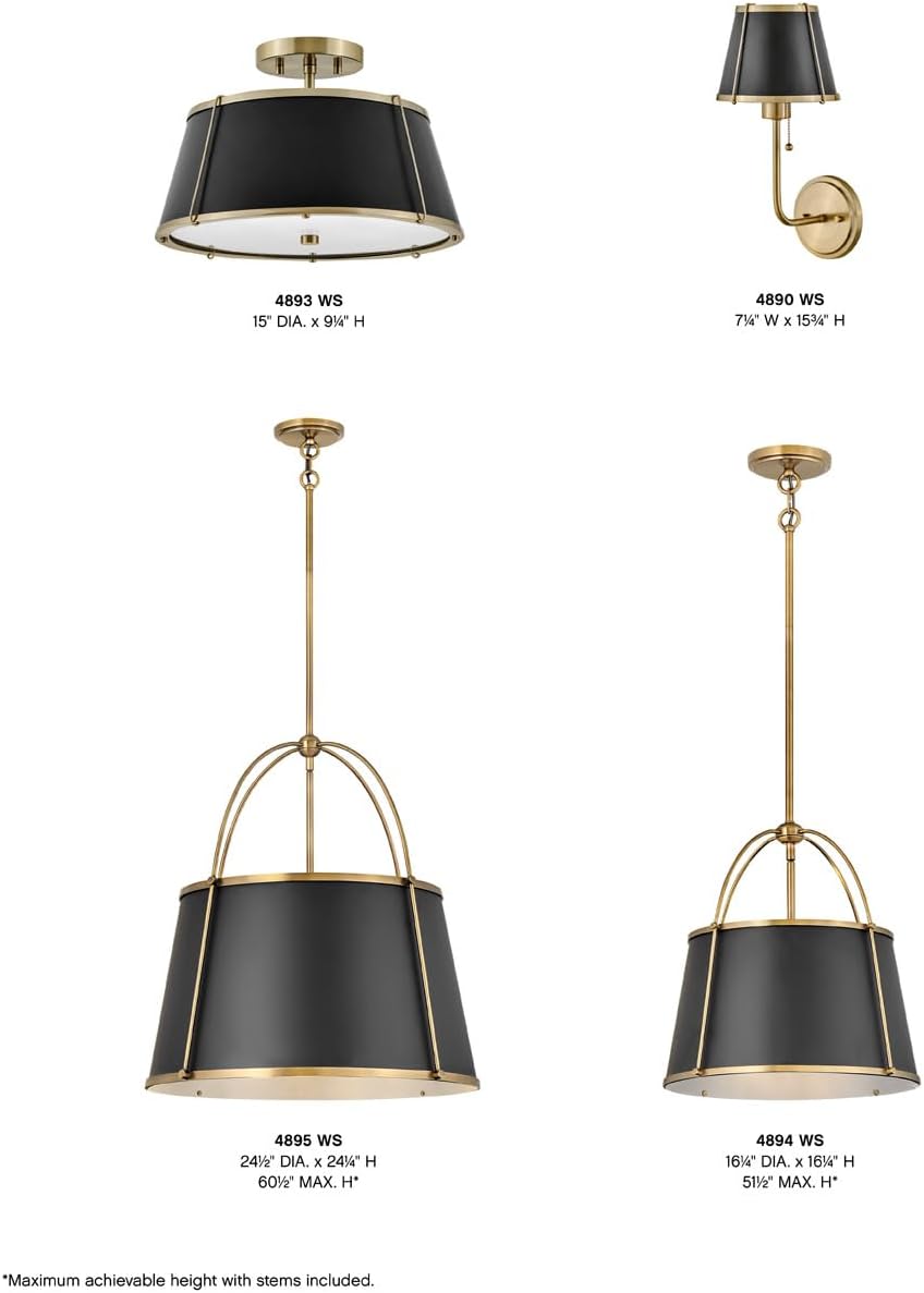 Hinkley Clarke Large Drum Pendant, Black Metal Shade, 1-6' and 2-12' Down Rods, Even or Sloped Ceilings, Warm Brass Finish