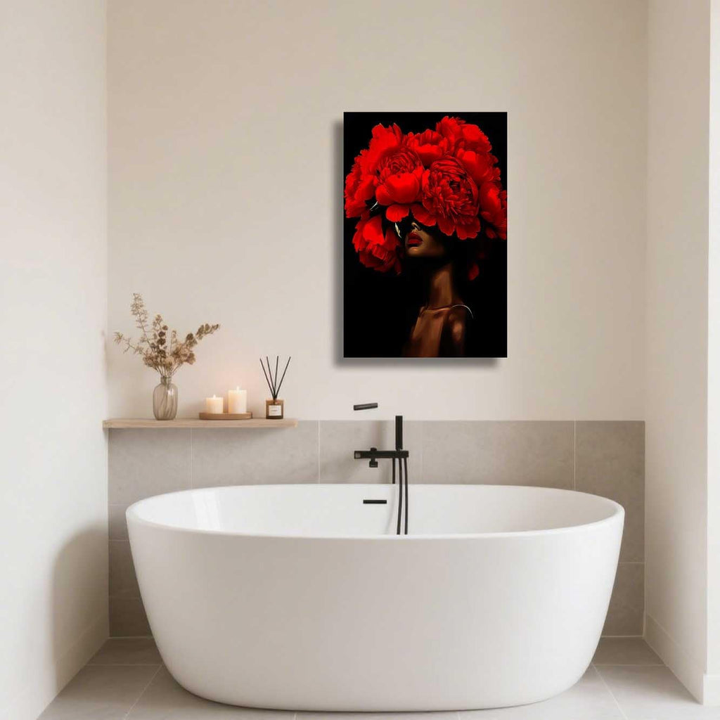 ZSHARTSWD African American Canvas Wall Art Black Woman with Flowers on Head Picture Abstract Black Girl Painting Prints for Girls Room Bathroom Decor Framed (Red, 42L x 28W)