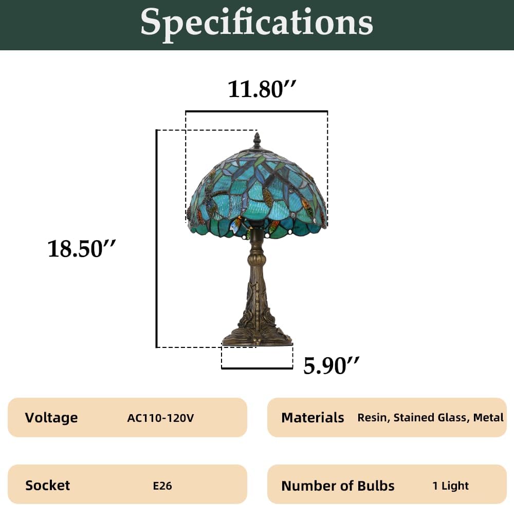 Skyblaze Tiffany Style Table Lamp, Stained Glass Desk Lamp, Vintage Dragonfly Night Light, 11.8 Inch Reading Light with Handmade Lampshade for Bedroom Living Room (Green)