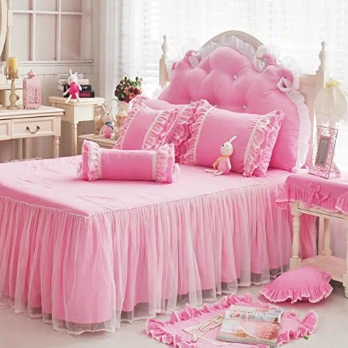 LELVA Shabby Ruffle Duvet Cover Set Full Cotton Chic Wrinkle Girls Bedding Hot Pink 4 Piece Romantic Lace Design Bed Skirt