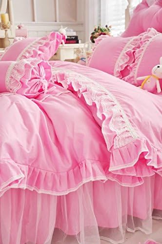 LELVA Shabby Ruffle Duvet Cover Set Queen Cotton Chic Wrinkle Girls Bedding Hot Pink 4 Piece Romantic Lace Design Bed Skirt