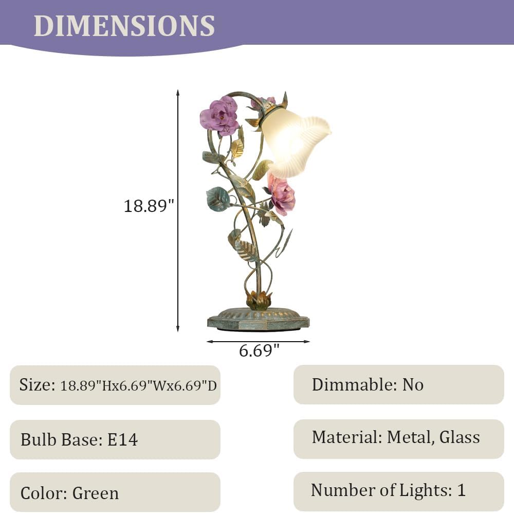 Meefad Floral Table Lamp, Elegant Bedside Nightstand Lamps with Glass Shade, Girls Night Light for Small Desk Bedroom Living Room