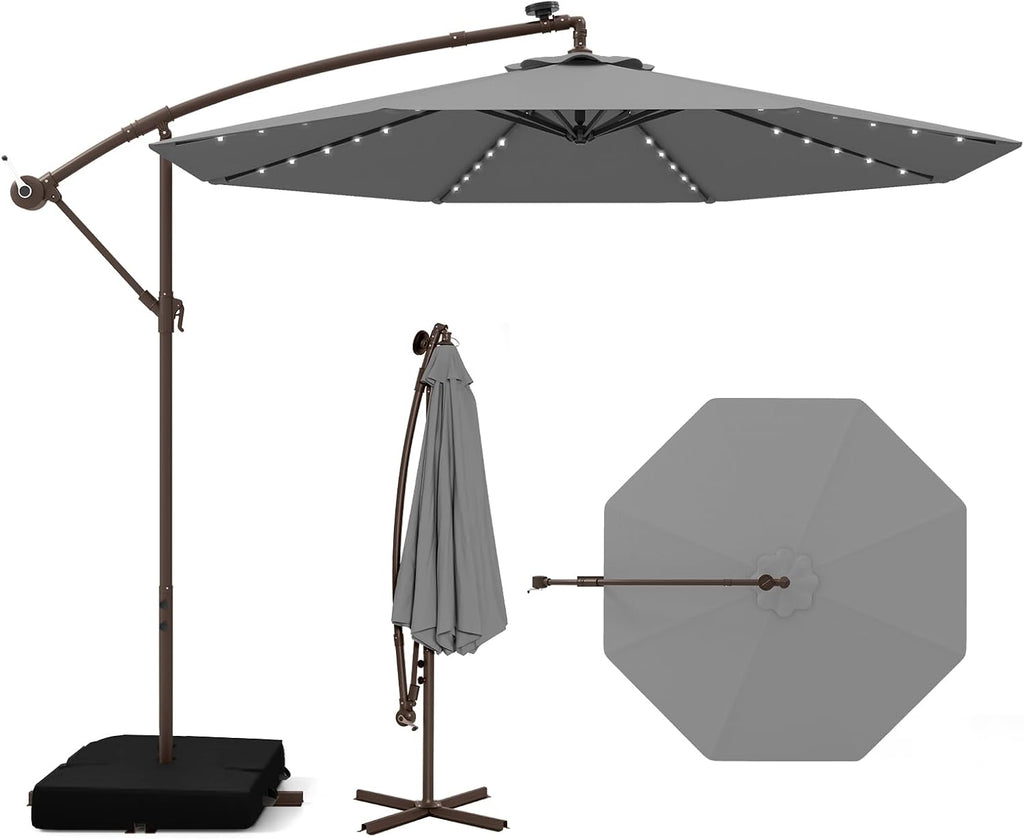 Tangkula 10FT Offset Patio Umbrella with Base Included, Outdoor Cantilever Umbrella with 40 Solar LED Lights, Tilt Adjustment, Crank Handle, Vented Top, Sand Bags for Pool Yard Deck (Gray)