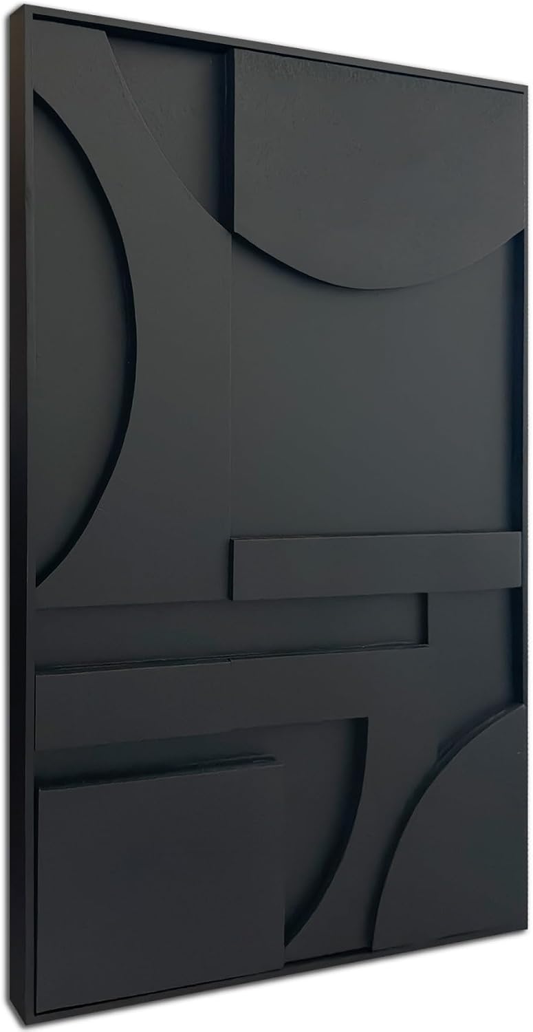 Slyart 3D Black Textured Plaster Wall Art, Handmade Contemporary Art Abstract Geometric Relief Painting, Framed Thick Texture Vertical Wall Art 24x36 Inch