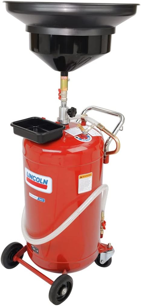 Lincoln 3635 Pneumatic 25 Gallon Pressurized Fluid Drain and Evacuation Tank, 51'-76' Adjustable Funnel Height, Heavy-Gauge Steel, 18' Offset Bowl with Metal Filter Screen, 4' Swivel Casters, Red