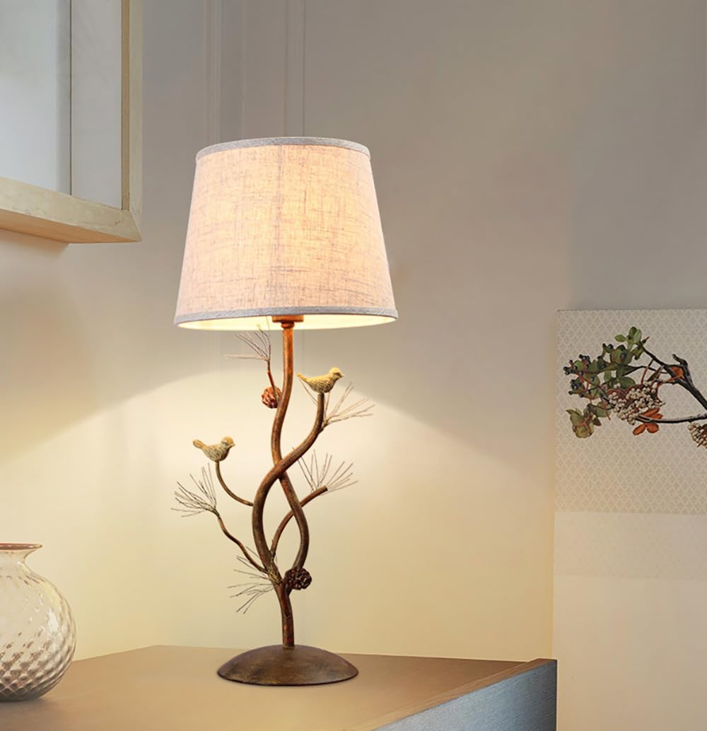 Meefad Classy Bird Table Lamp, Cute Bedside Lamps with Linen Shade, Metal Nightstand Lamp, Branches Decorative Desk Lamp for Bedroom Living Room, Home Office