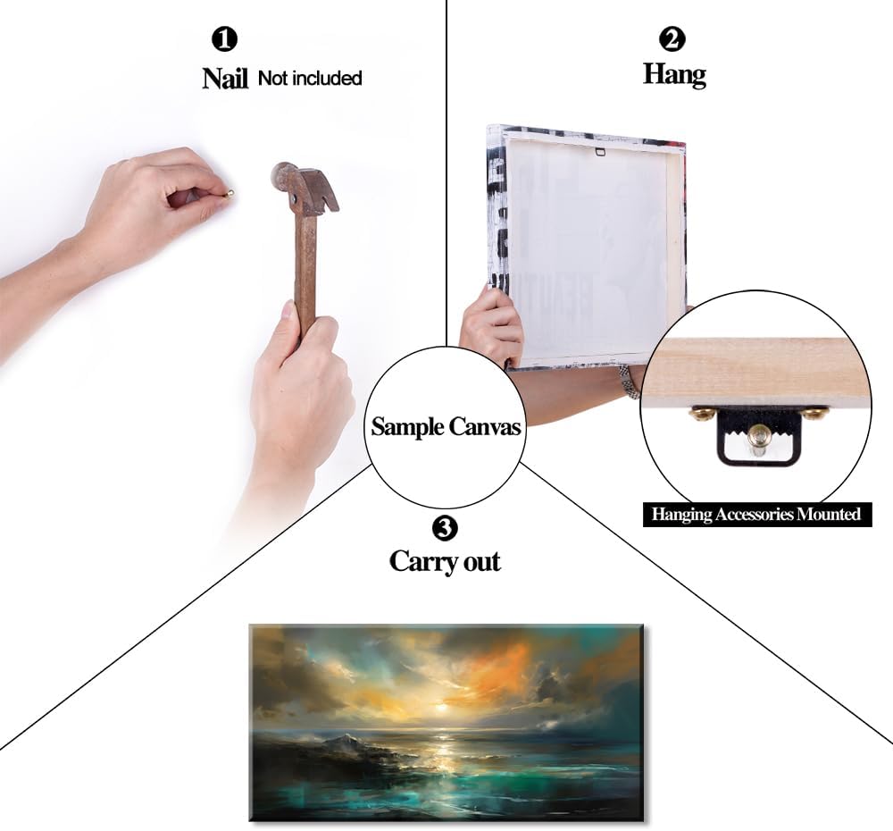 Lasdel Ocean Sunset Landscape Canvas Wall Art for Living Room Bedroom Home Decoration, Beautiful Nature Scenery Oil Painting Print Picture Decor Artwork, Gallery Wrapped Gift Inner Frame 28x58 Inches