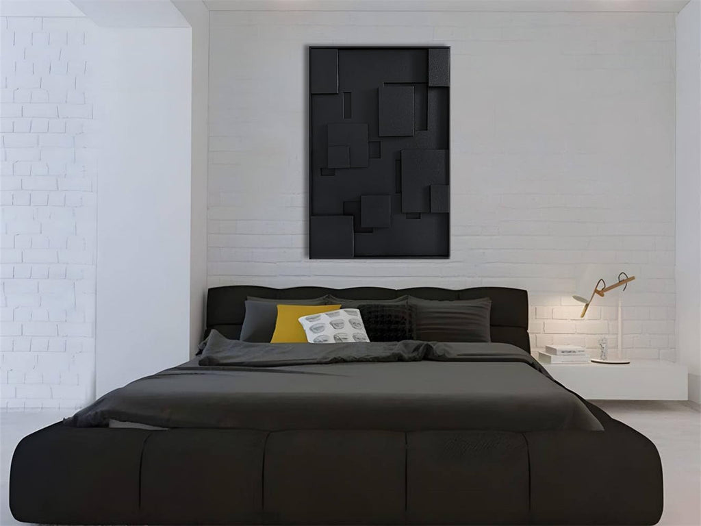 Slyart 3D Black Geometric Textured Plaster Wall Art, Handmade Contemporary Art Abstract Relief Painting, Framed Thick Texture Vertical Wall Art 24x36 Inch