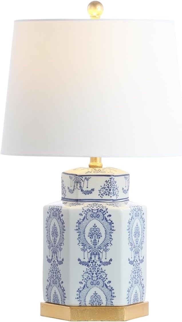 SAFAVIEH Lighting Collection – Bodin Set of 2 Blue & White Ceramic Table Lamps with Gold Leaf Accents, 23-Inch Bedroom or Living Room Lamps, LED Bulbs Included (TBL4150A-SET2)
