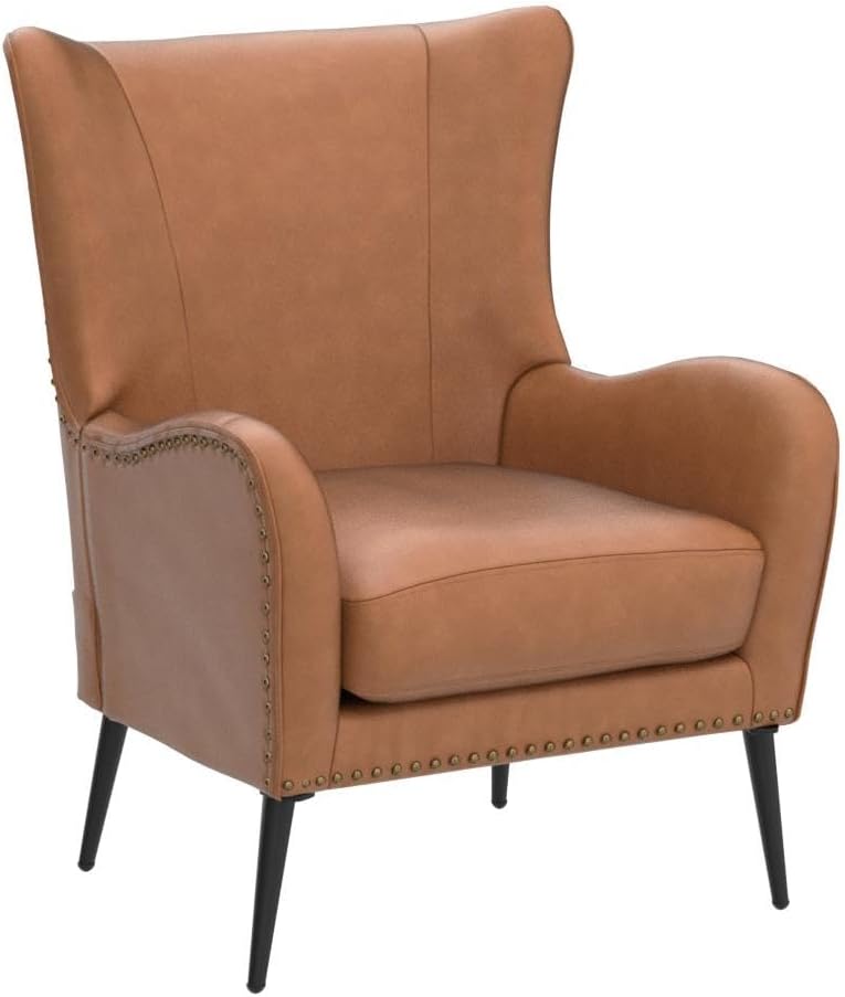 HULALA HOME Faux Leather Accent Chair Set of 2 with Removable Cushion, Comfy Upholstered Armchair with Metal Legs & Nailhead Trim Wingback Vanity Chair for Reading Living Room Bedroom, Camel
