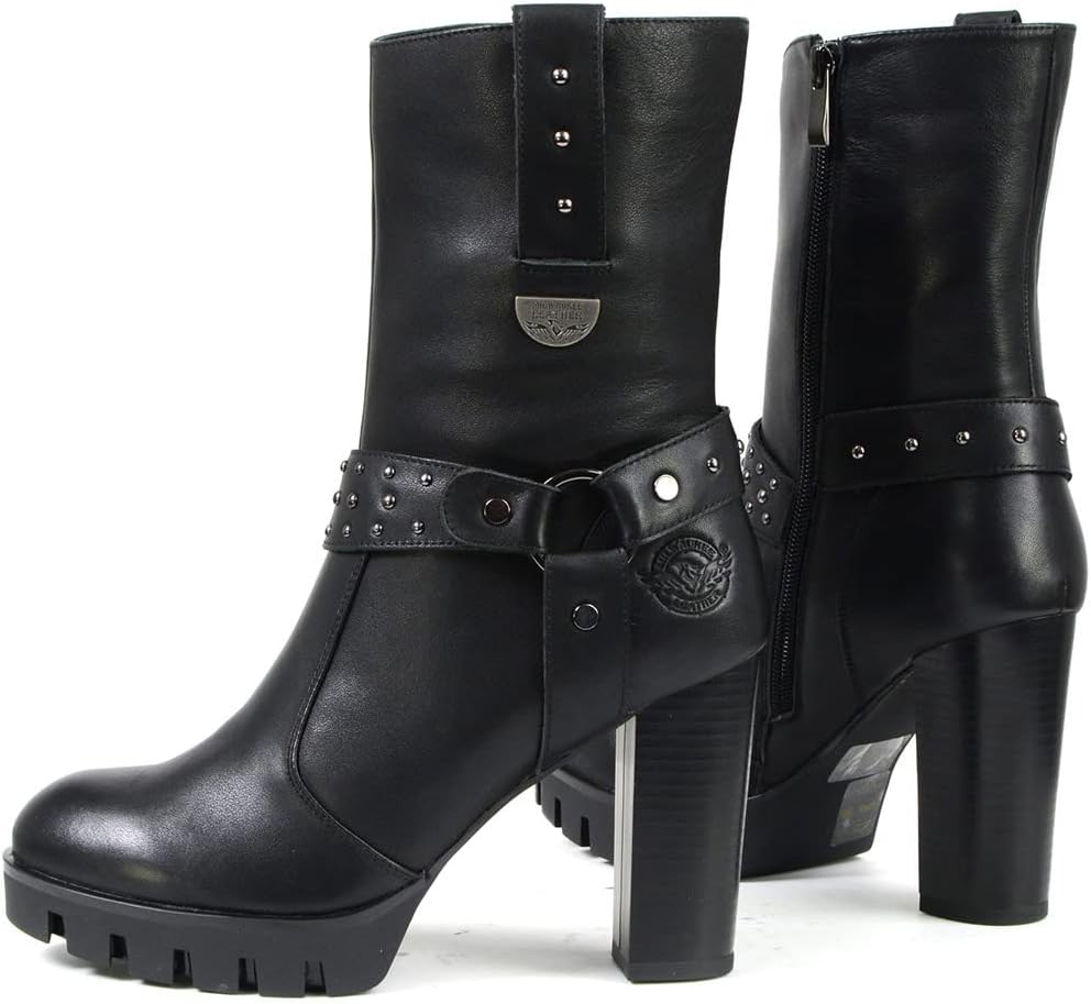 Milwaukee Leather MBL9303 Women's Classic Black Leather Casual Fashion Boots with Block Heel - 6