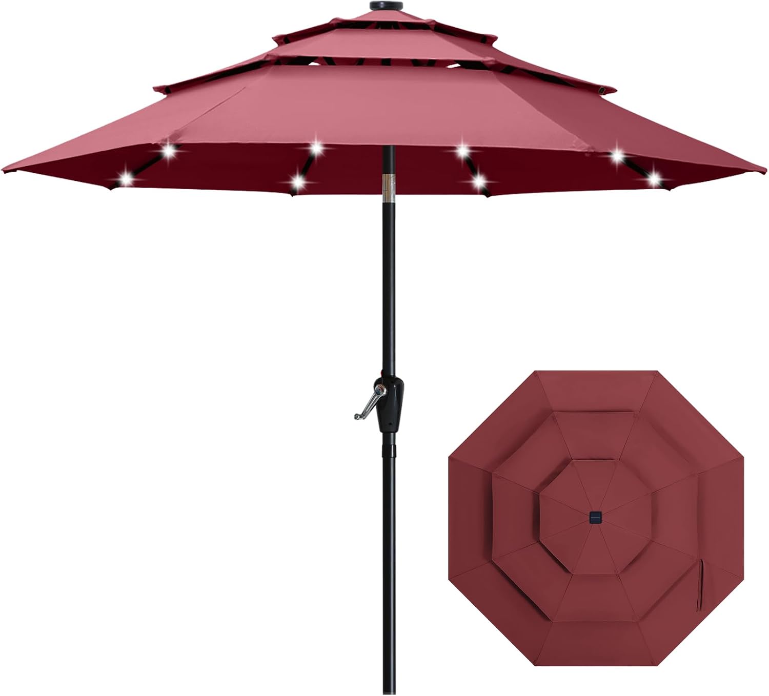 ABCCANOPY 3-Tiers 11FT Solar Patio Umbrella, Outdoor Umbrella with 32 LED Lights for for Deck, Pool, Garden, Backyard (Burgundy)