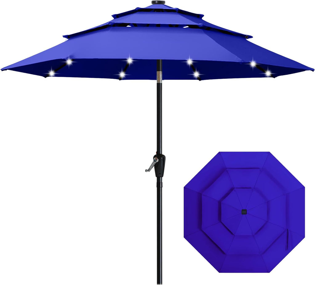 ABCCANOPY 3-Tiers 11FT Solar Patio Umbrella, Outdoor Umbrella with 32 LED Lights for for Deck, Pool, Garden, Backyard (Blue)