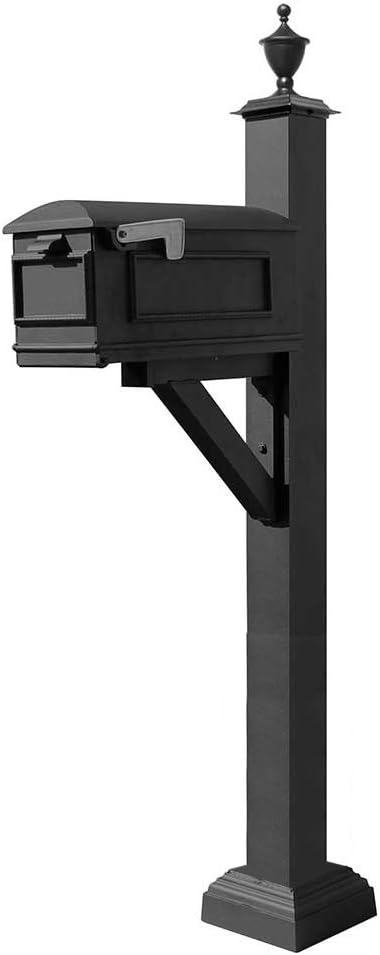 WPD-SC2-S5-LMC-BL Westhaven Cast Aluminum Post Mount System with Lewiston Mailbox, Square Collar and Urn Finial, Ships in 2 Boxes, Black