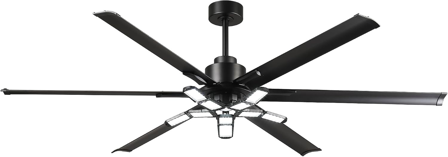 72 Inch Large Ceiling Fan with Lights and Remote, Industrial High CFM Ceiling Fans for Shop Garage Barn, 6609LM Super Bright LED, 6 Aluminum Blades, Reversible Quiet DC Motor, Matte Black