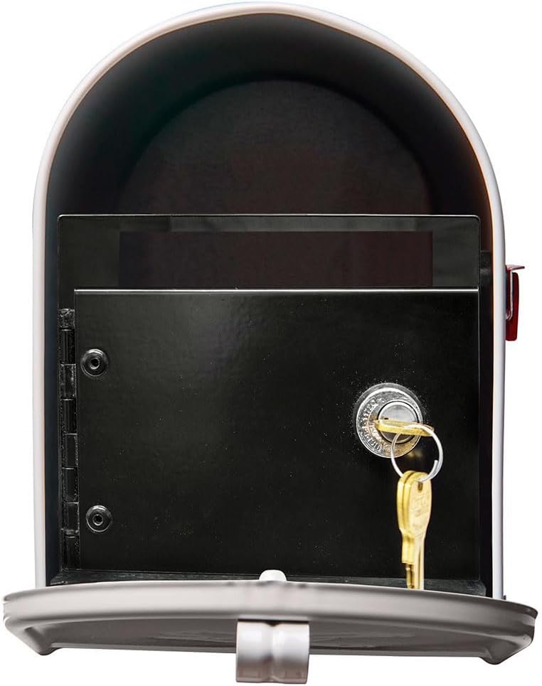 LMPST-E1-LKIT-804-WHT Lewiston Rust Free Cast Aluminum Locking Mailbox System with Economy Mailbox, Post, Decorative Ball Finial & Fluted Base, White