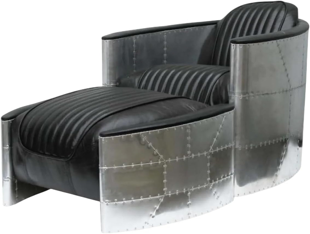 ARTIZANSTORE Aviator Armchair & Ottoman – Handmade Industrial Table Home and Office Decor Aluminum, Black Leather Lounge Chair.