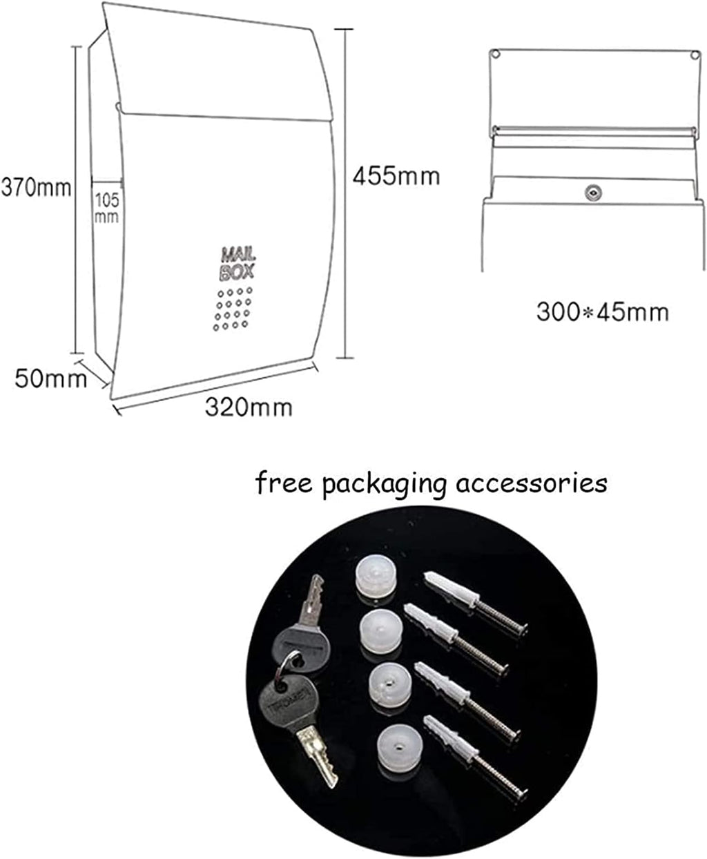 Wall-Mount Mailboxes Modern Villa Metal Mail Box ，Outdoor Rainproof Wall-Mounted Mailbox Household Large Magazine Postbox with Lock and Keys (Color : White, Size : 32 * 10.5 * 45.5cm)