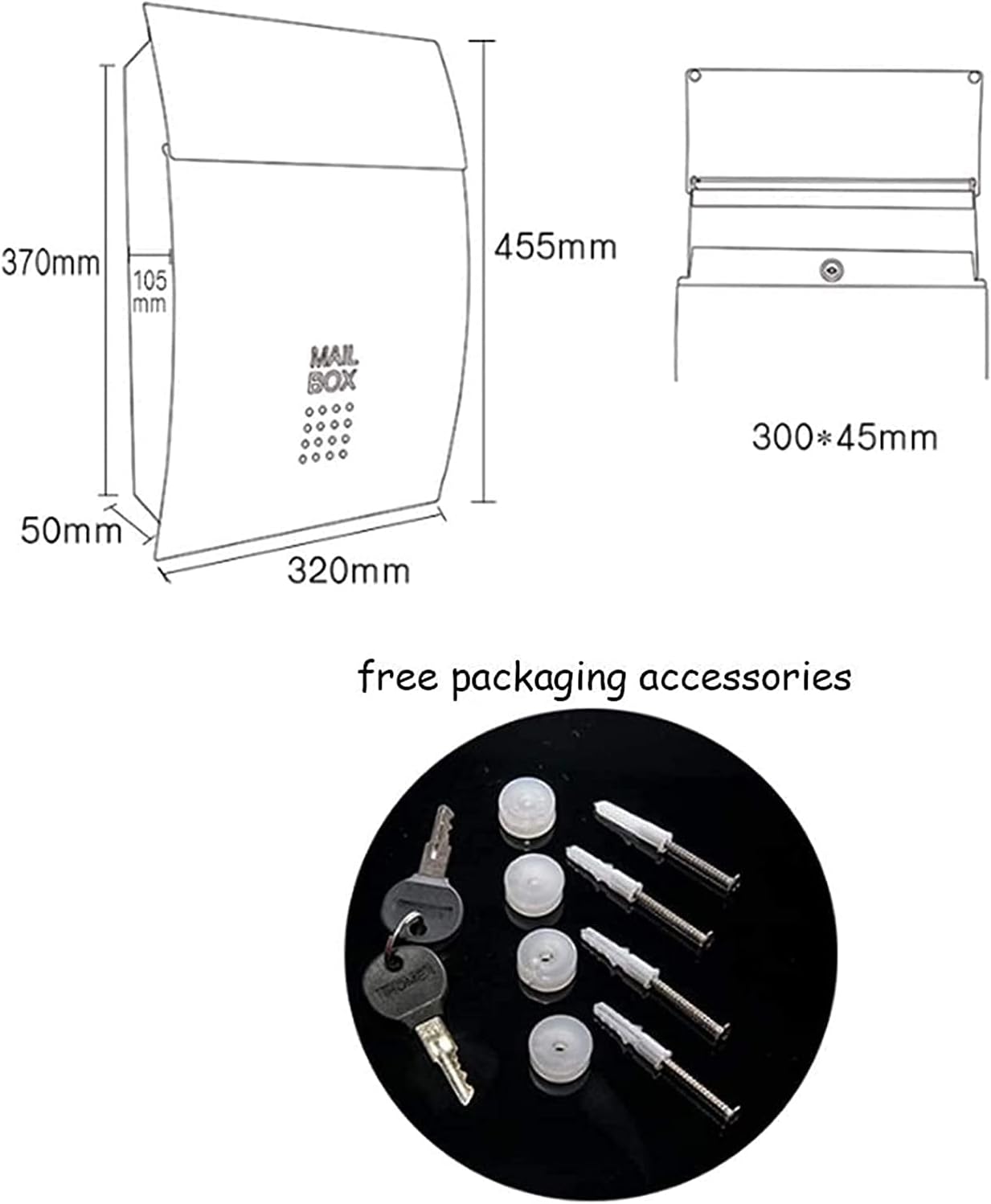 Wall-Mount Mailboxes Modern Villa Metal Mail Box ，Outdoor Rainproof Wall-Mounted Mailbox Household Large Magazine Postbox with Lock and Keys (Color : White, Size : 32 * 10.5 * 45.5cm)
