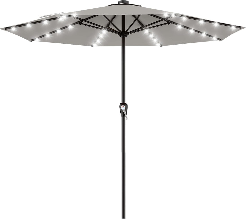 AreShark 12FT Large Patio Umbrella with Solar Lights, Solar Powered Outdoor Umbrella with Crank, Patio Table Market Umbrellas for Garden, Deck, Backyard, Pool and Beach, Light Gray
