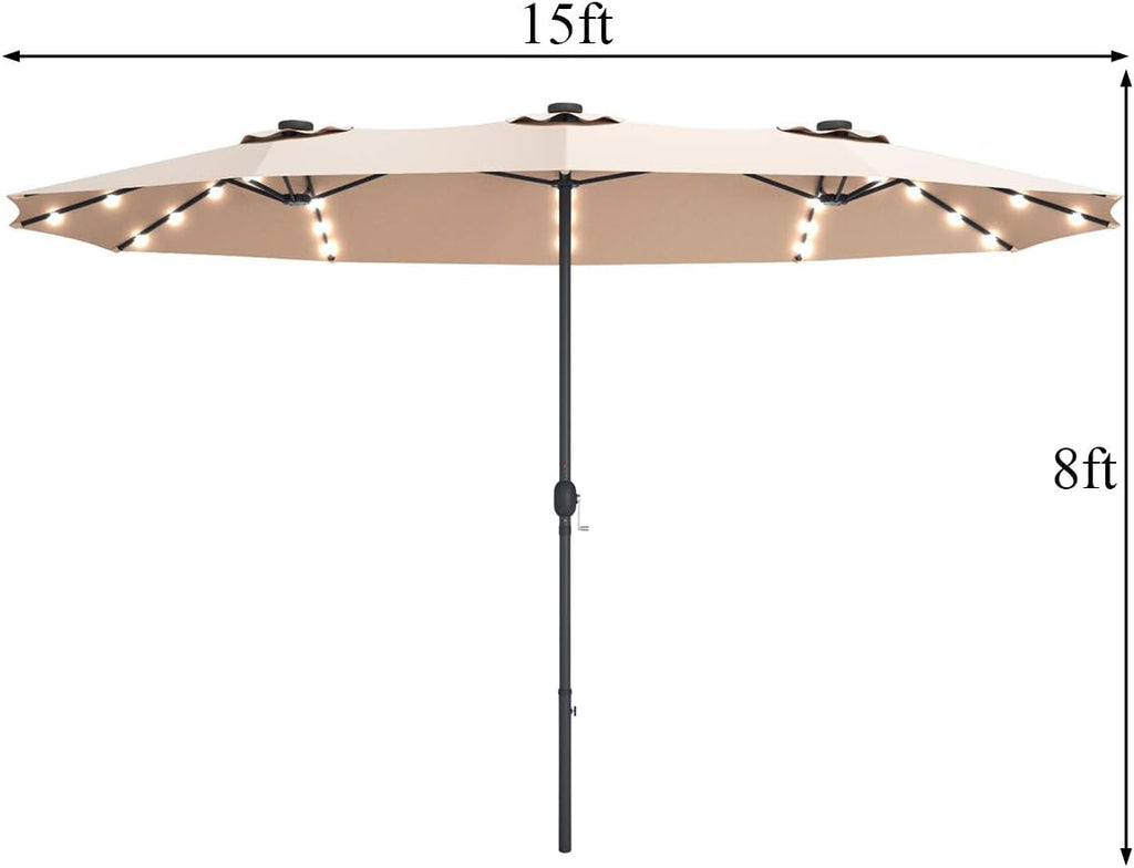 Tangkula 15 Ft Double Sided Patio Umbrella with Solar Lights, Extra Large Rectangle Outdoor Umbrella with 36 LED Lights & Crank Handle for Deck, Poolside, Garden, Backyard (Beige)