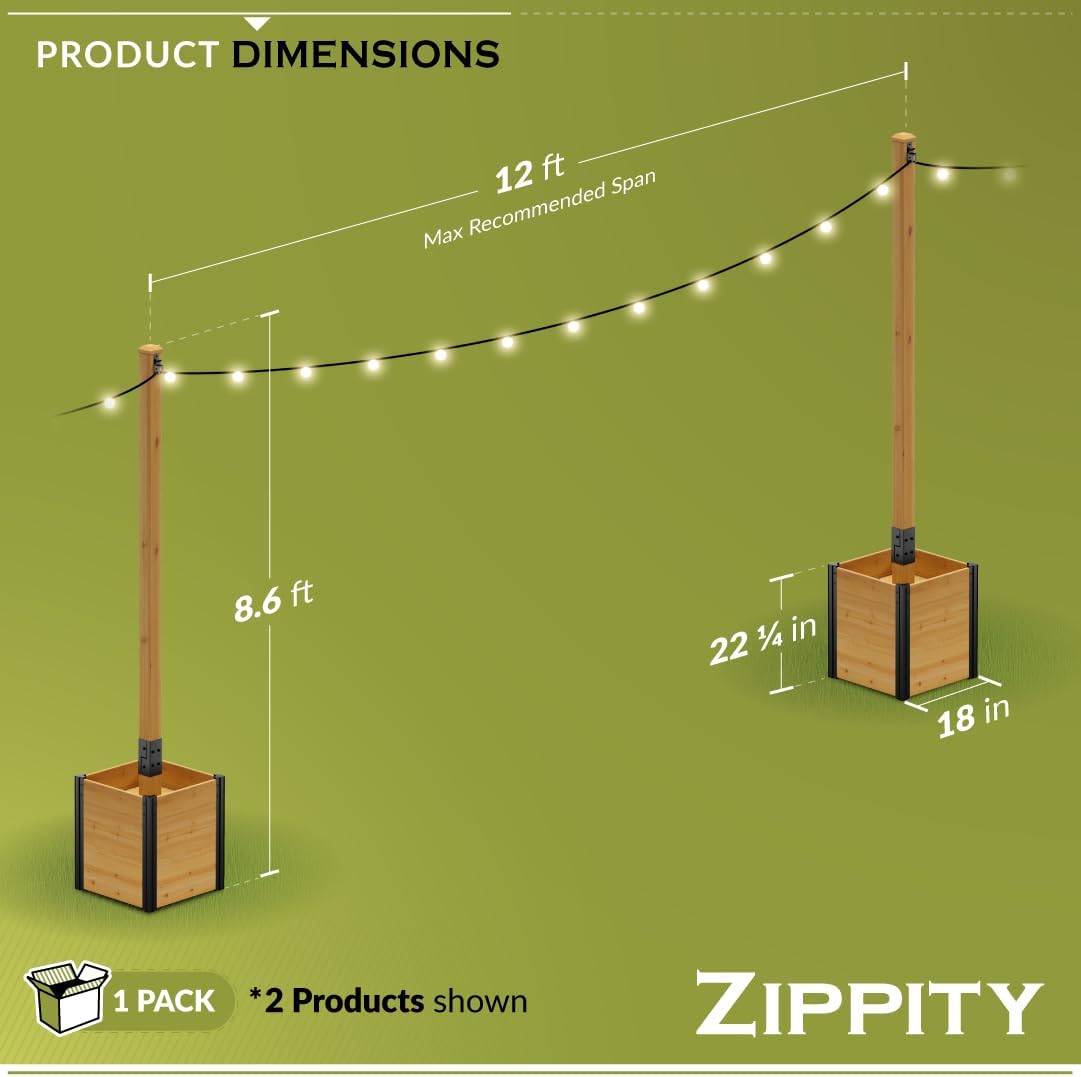 8.5ft H (1 Post w/Planter Box) Freestanding Zippity Concord String Light Post for Outdoor Hanging Lights, Outdoor Lamp Poles for Balcony Illumination, Patio Decor for String Glow, ZP19081