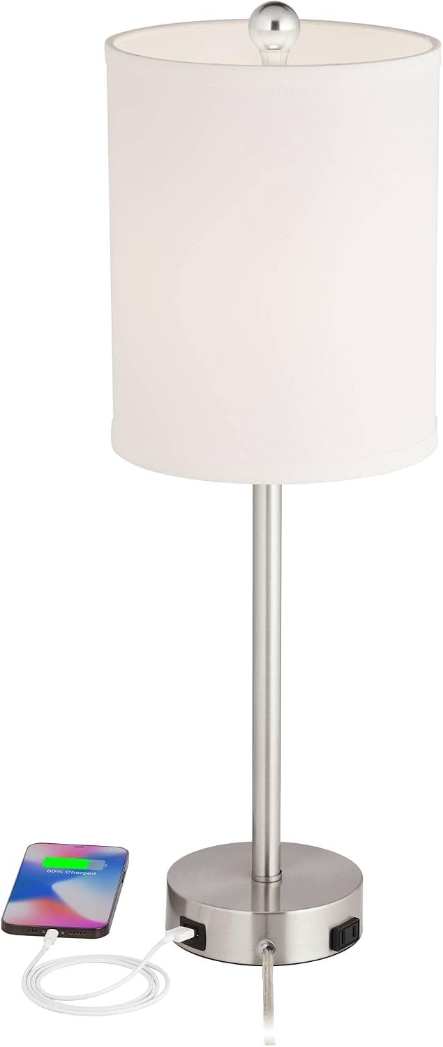 360 Lighting Trotter 23.75' High Set of 2 Modern Table Lamps with Dimmable USB Charging Ports A+C and AC Power Outlet Brushed Nickel White Fabric Cylinder Living Room Desk Bedroom House Bedside Home