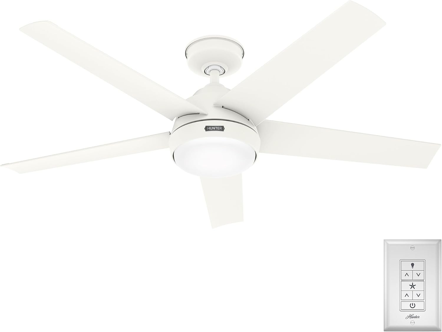Hunter Skyflow 52 inch Indoor/Outdoor Ceiling Fan with Light and Wall Control, Matte White Ceiling Fan, 3 Speed WhisperWind Motor, 52611, for Coastal Patios, Pergolas, Bedrooms, or Living Rooms
