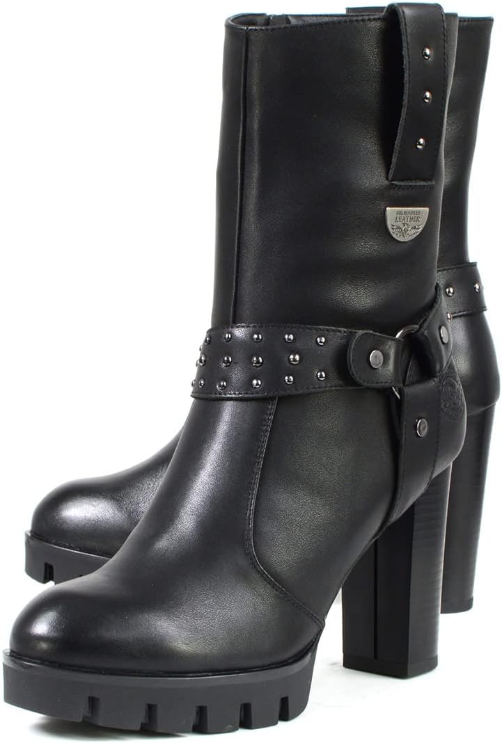 Milwaukee Leather MBL9303 Women's Classic Black Leather Casual Fashion Boots with Block Heel - 6