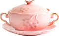 Ceramic Two Ear Soup Bowl Set with Lid and Spoon, Lovely Cherry Blossom Pattern Dessert Cereal Bowl, Fruit Yogurt Bowl with Plate,Dishwasher and Microwave Safe Plate