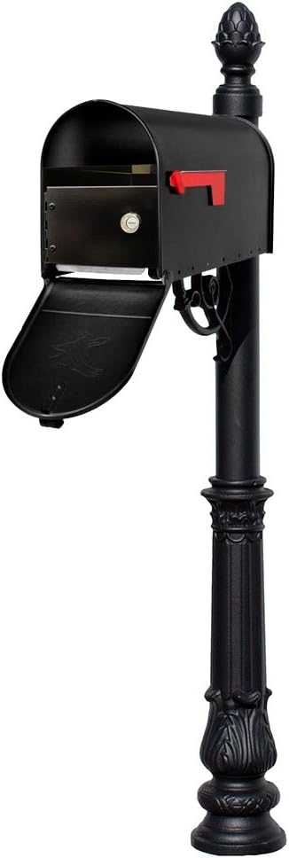 LMPST-E1-LKIT-703-BRZ Lewiston Rust Free Cast Aluminum Locking Mailbox System with Economy Mailbox, Post, Decorative Pineapple Finial & Ornate Base, Black