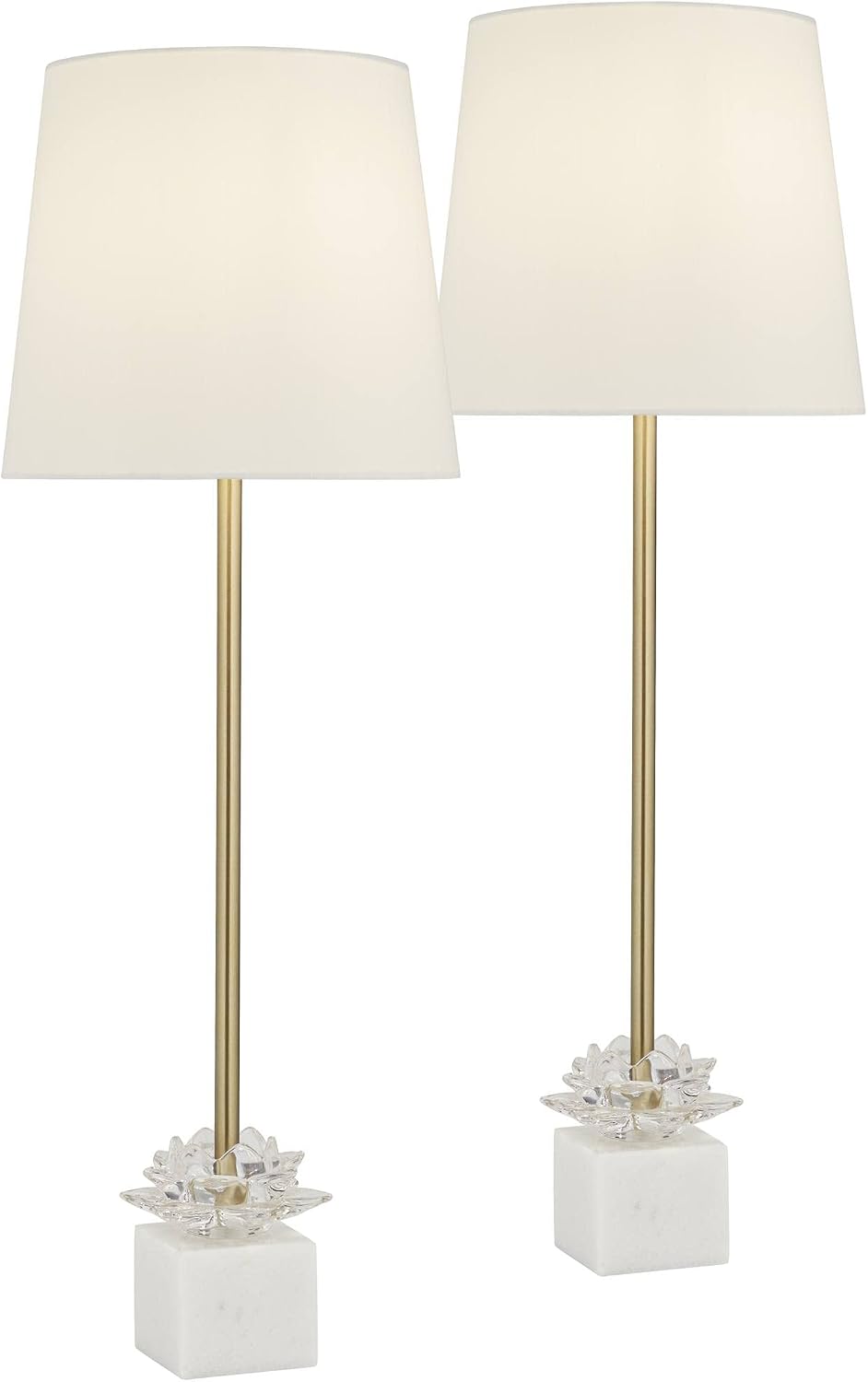 360 Lighting Phoebe Modern Glam Luxury Buffet Table Lamps 28 1/2' Tall Skinny Set of 2 Gold Metal White Tapered Drum Shade Glass Flower Accent Decor for Living Room House Home Dining Entryway