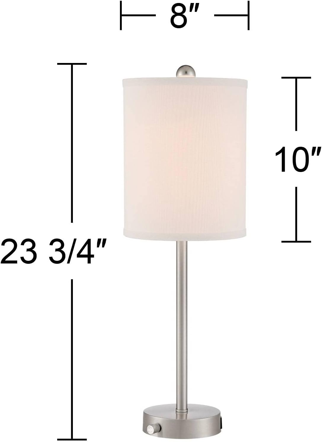 360 Lighting Trotter 23.75' High Set of 2 Modern Table Lamps with Dimmable USB Charging Ports A+C and AC Power Outlet Brushed Nickel White Fabric Cylinder Living Room Desk Bedroom House Bedside Home