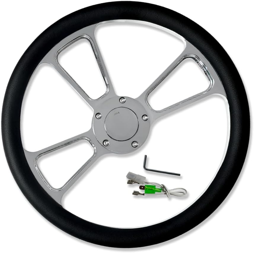 Chrome 14' Billet Aluminum 5 Holes Steering Wheel Split Tri Spoke Style with Black Leather Half Wrap & Horn Button
