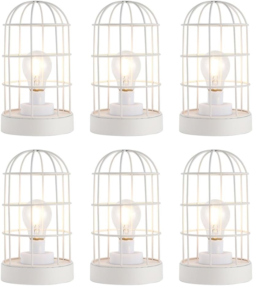 JHY DESIGN 6PCS Battery Operated Lamp 10''H Decorative Table Lamp Metal Cage Cordless Lamps with LED Bulb for Home Decor Living Room Bedroom Kitchen Wedding Patio Indoor（White）