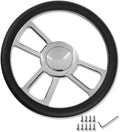 Chrome 14' Billet Aluminum 9 Holes Steering Wheel Split Tri Spoke Style with Black Leather Half Wrap & Smooth Horn Button