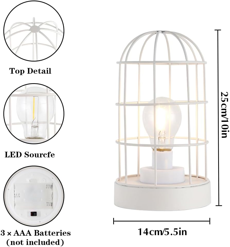 JHY DESIGN 6PCS Battery Operated Lamp 10''H Decorative Table Lamp Metal Cage Cordless Lamps with LED Bulb for Home Decor Living Room Bedroom Kitchen Wedding Patio Indoor（White）