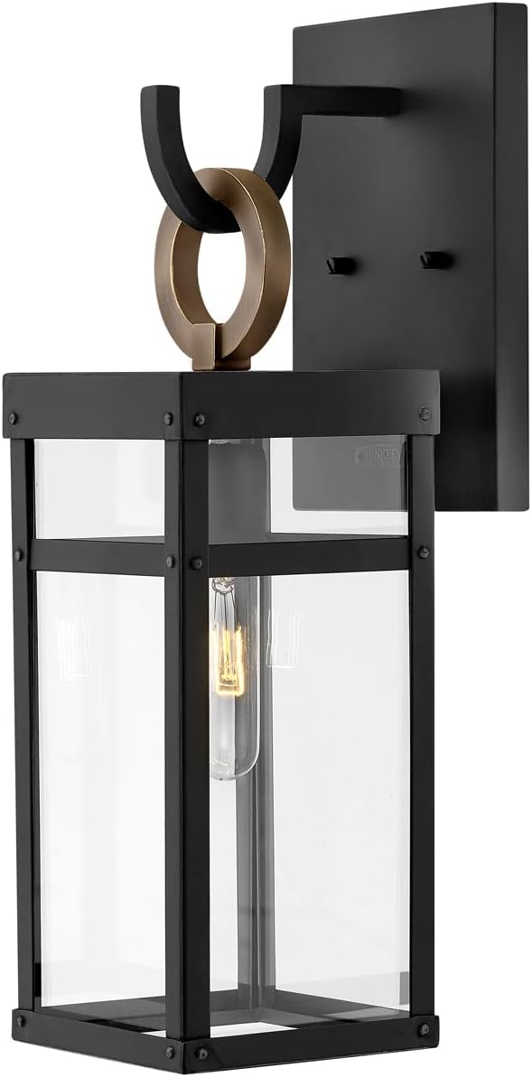 Hinkley Porter 2800BK-LL Medium Outdoor Wall Mount Lantern and LED Bulb, Modern Farmhouse and Arts and Crafts Style, Part of Lisa McDennon, Black and Burnished Bronze