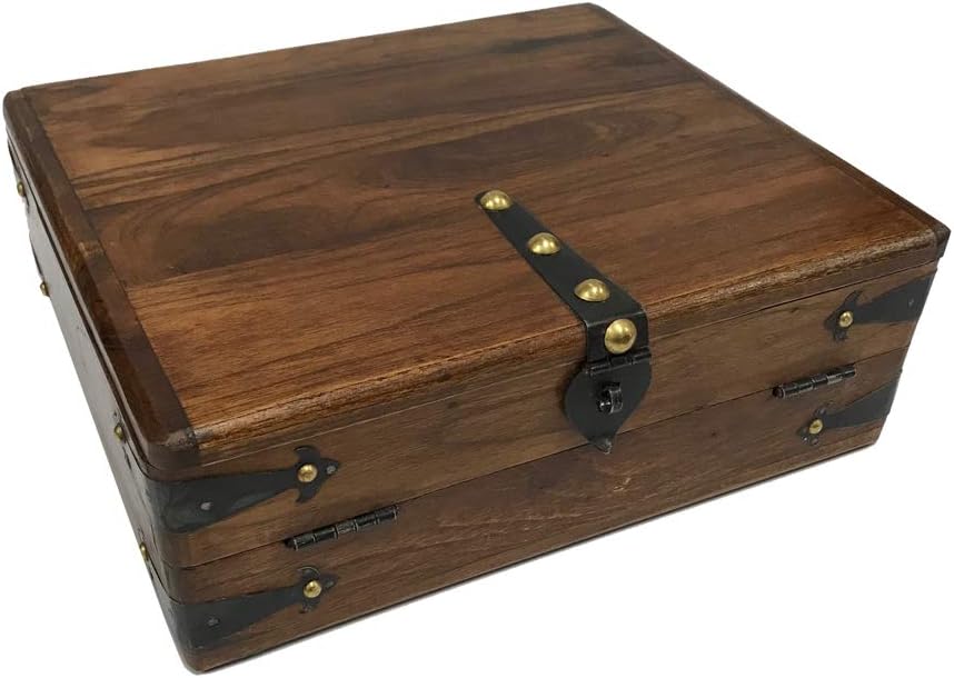 SCHOONER BAY 10-1/2' Colonial Style Distressed, Teak Wood Writing Box Reproduction with Accessories- Antique Reproduction