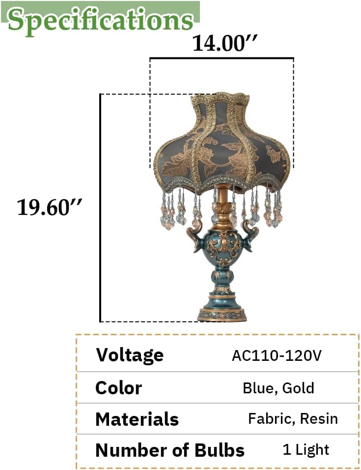 Victorian Style Table Lamp, Antique Flower Decorative Bedside Desk Lamp, Blue Fabric Night Light Elegant Bedside Nightstand Lamps for Bedroom Living Room