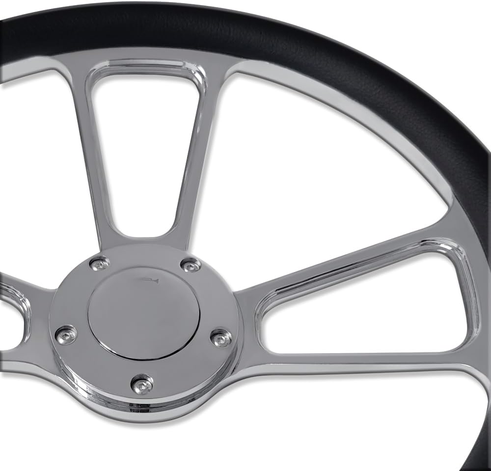 Chrome 14' Billet Aluminum 5 Holes Steering Wheel Split Tri Spoke Style with Black Leather Half Wrap & Horn Button