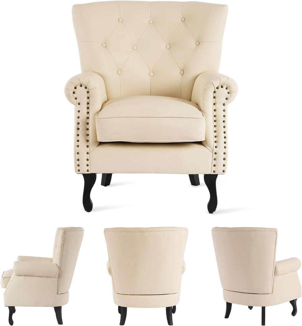 MOJAY PU Leather Accent Chair, Mid-Century Modern Armchair Living Room Club Chair with Tufted Button & Rivet Trim, Upholstered Sofa Chair with Sturdy Wood Legs for Bedroom (Ivory White)